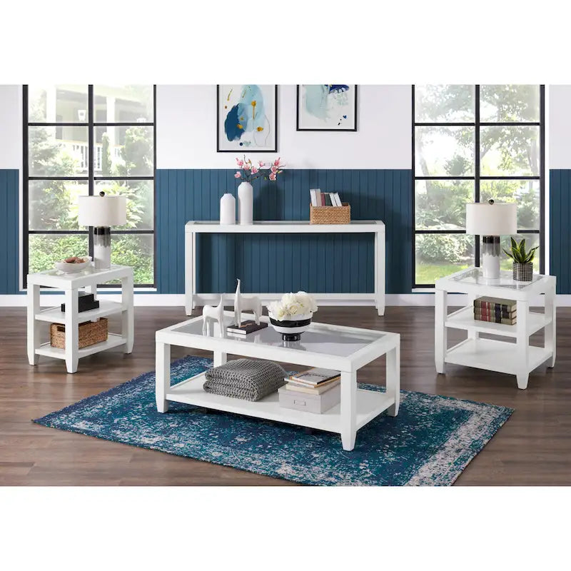 Table basse de 122 cm de large avec plateau en bois et verre et étagère de rangement
