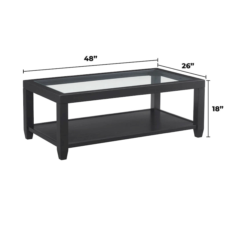 Table basse de 122 cm de large avec plateau en bois et verre et étagère de rangement