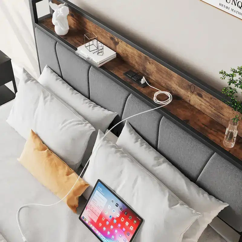 Tête de lit de rangement pour lit double avec station de recharge