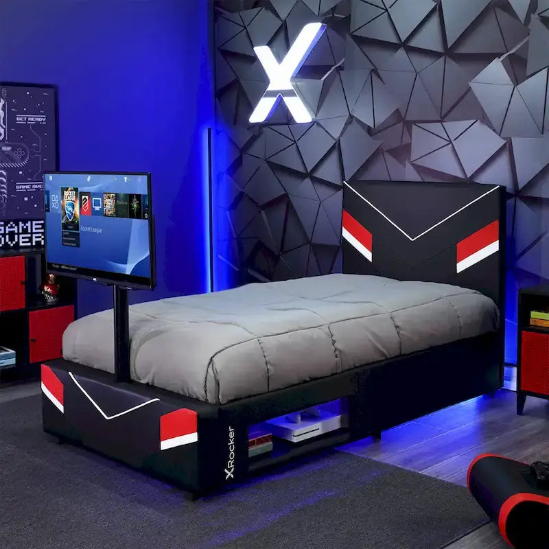 Cadre de lit gaming eSports avec support TV, Noir/Rouge, Lit simple