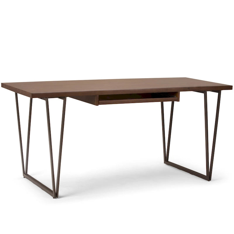 Bureau de travail industriel moderne en bois massif de 66 pouces de large, brun vieilli naturel
