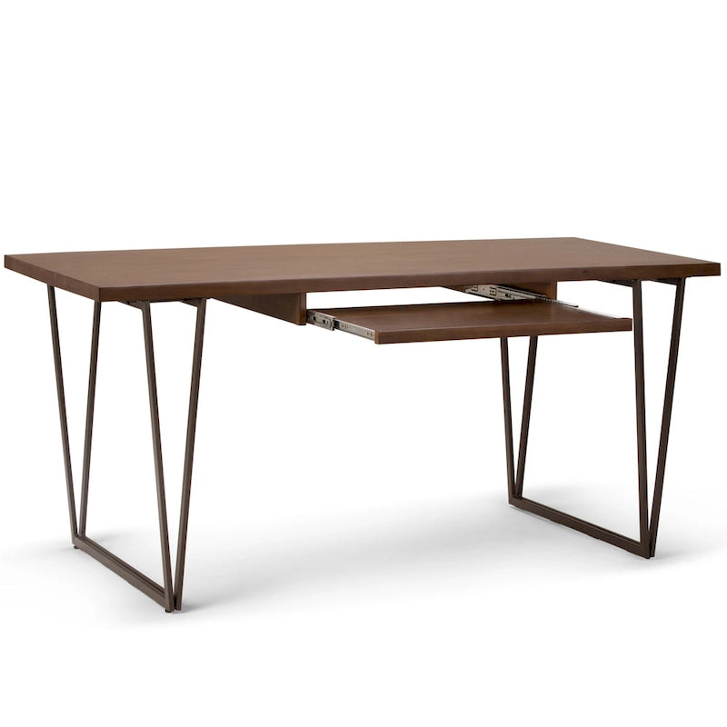 Bureau de travail industriel moderne en bois massif de 66 pouces de large, brun vieilli naturel