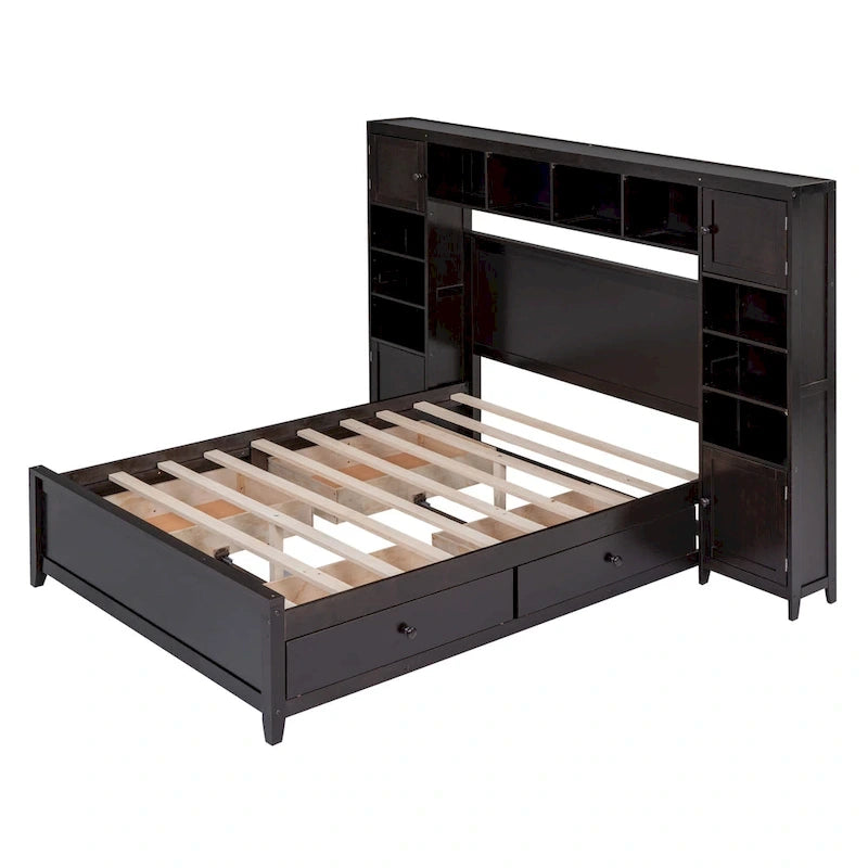 Lit double en bois avec armoire et étagère intégrées, expresso