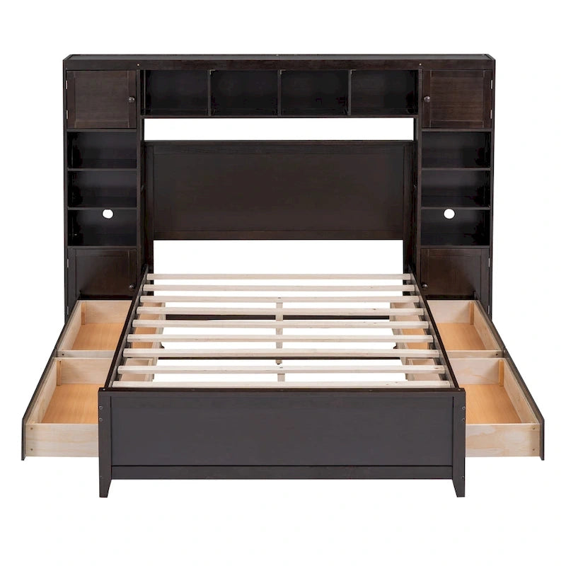 Lit double en bois avec armoire et étagère intégrées, expresso