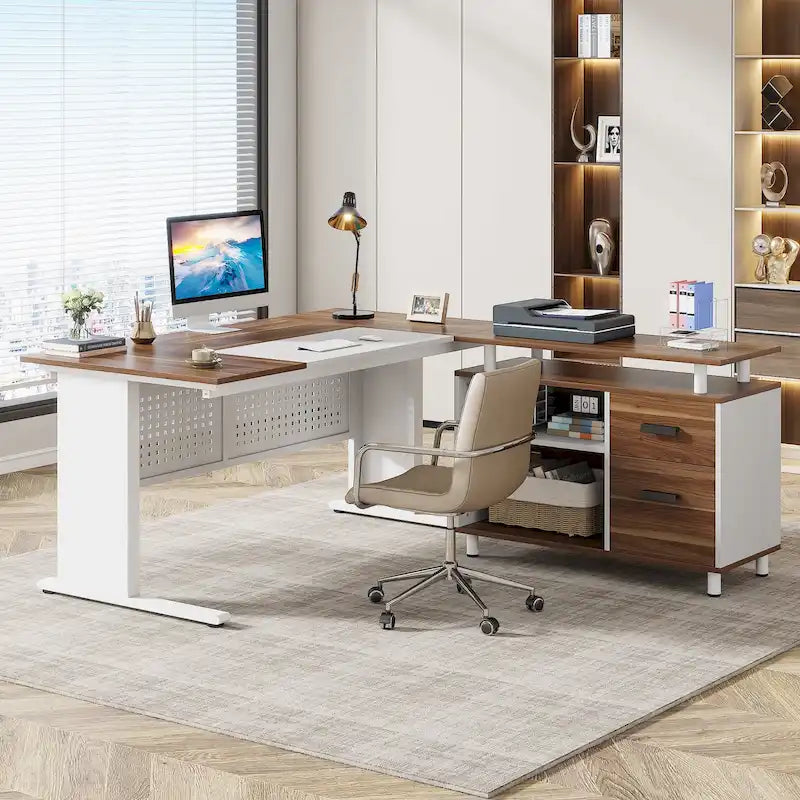 Bureau de direction en L, grand bureau informatique avec classeur