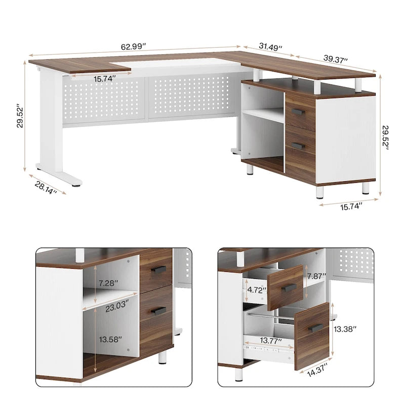 Bureau de direction en L, grand bureau informatique avec classeur