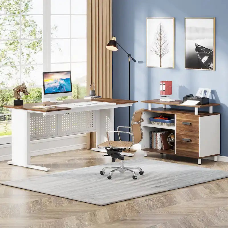 Bureau de direction en L, grand bureau informatique avec classeur