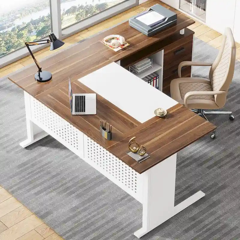 Bureau de direction en L, grand bureau informatique avec classeur