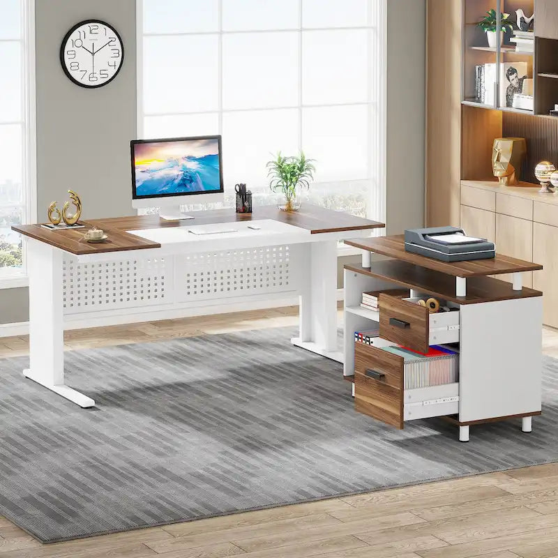 Bureau de direction en L, grand bureau informatique avec classeur
