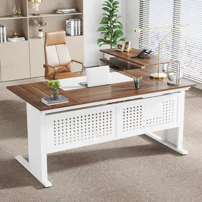 Bureau de direction en L, grand bureau informatique avec classeur