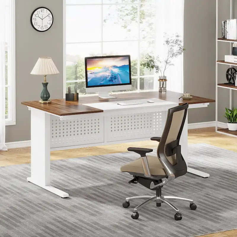 Bureau de direction en L, grand bureau informatique avec classeur