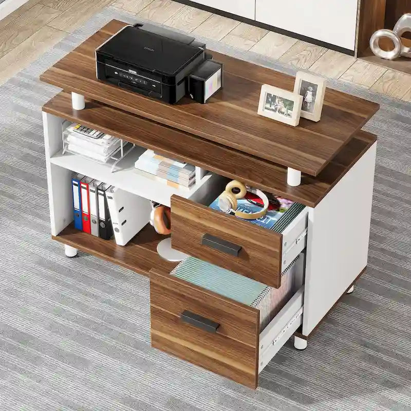 Bureau de direction en L, grand bureau informatique avec classeur