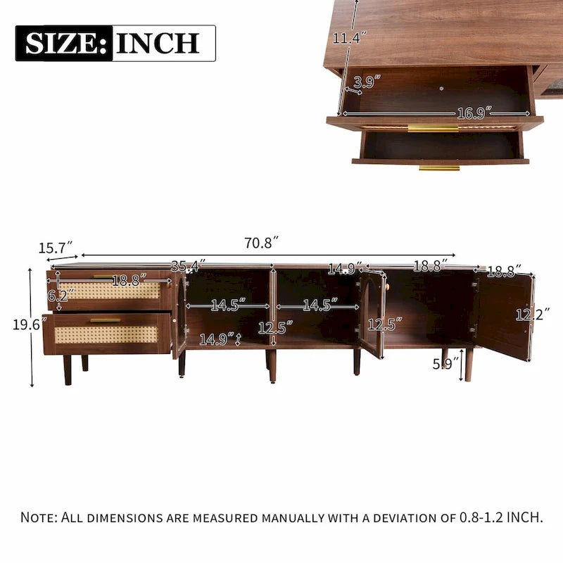 Meuble TV d'inspiration rotin avec grand espace de rangement et montage facile
