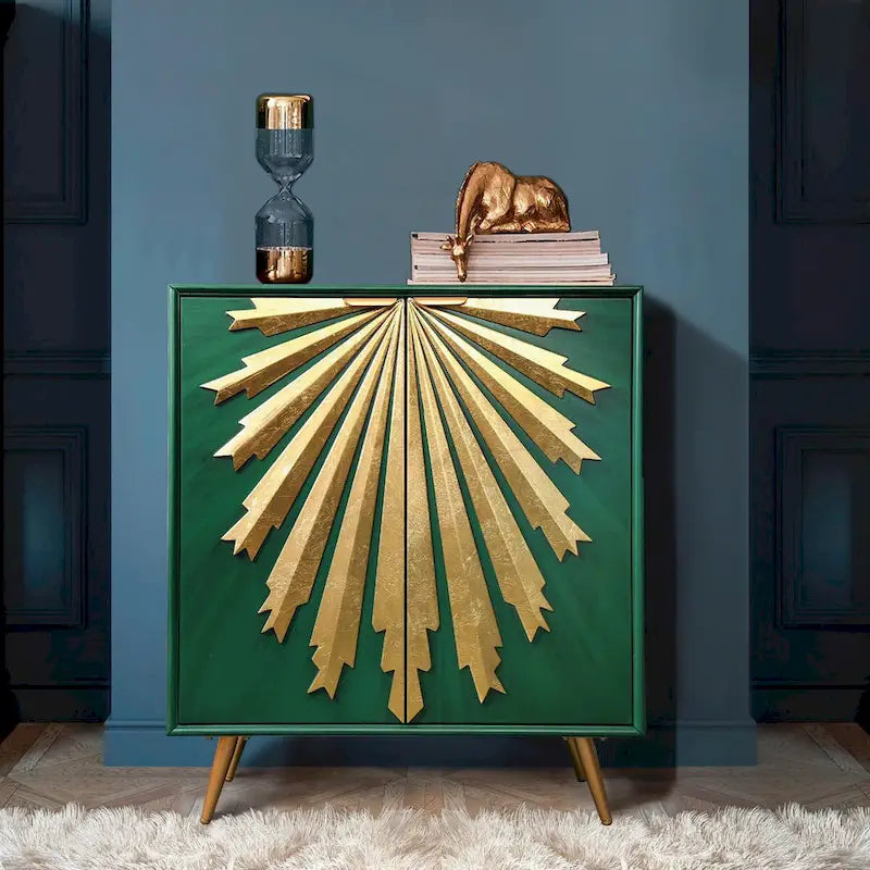 Buffet de salle à manger en bois massif, style glamour Mid-Century Modern, 2 portes, motif soleil, meuble de rangement