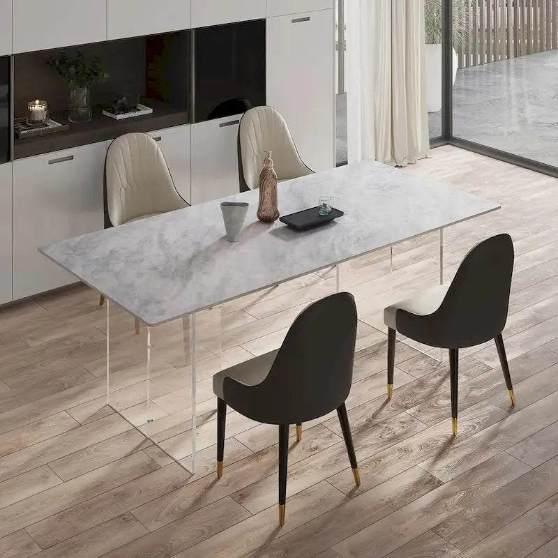 Table à manger rectangulaire moderne et luxueuse en pierre frittée de 1,8 m avec pied en acrylique