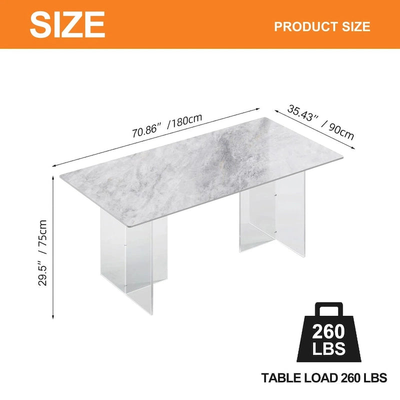 Table à manger rectangulaire moderne et luxueuse en pierre frittée de 1,8 m avec pied en acrylique