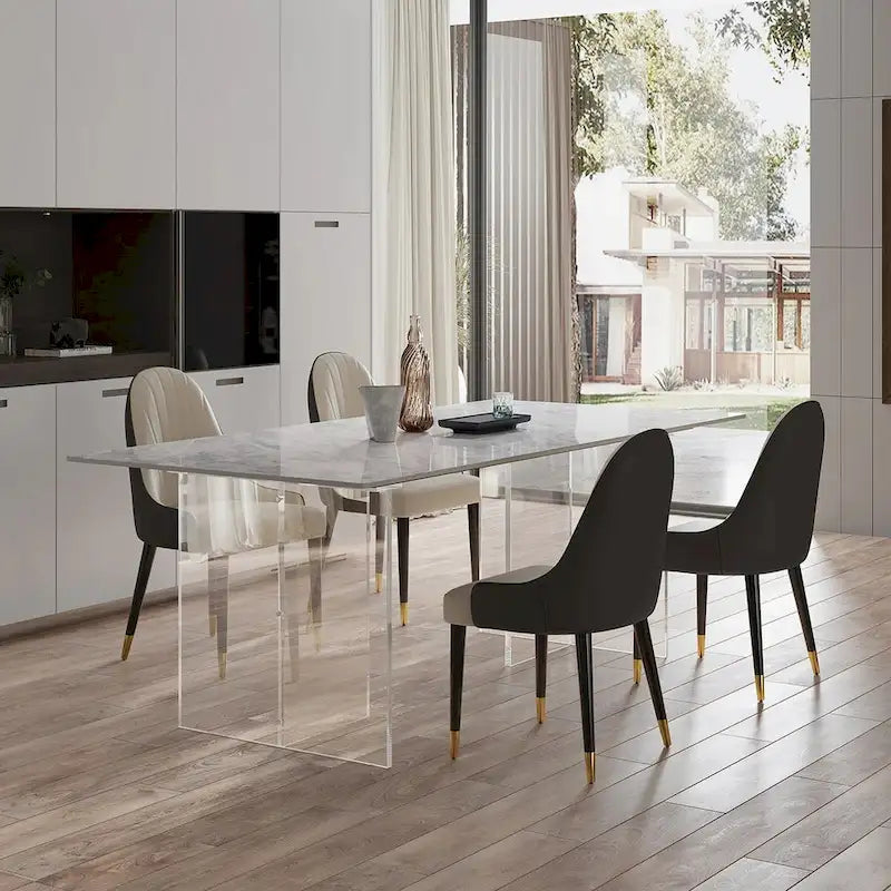 Table à manger rectangulaire moderne et luxueuse en pierre frittée de 1,8 m avec pied en acrylique