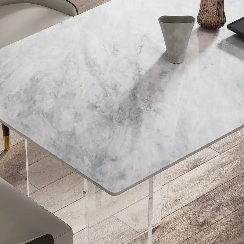 Table à manger rectangulaire moderne et luxueuse en pierre frittée de 1,8 m avec pied en acrylique