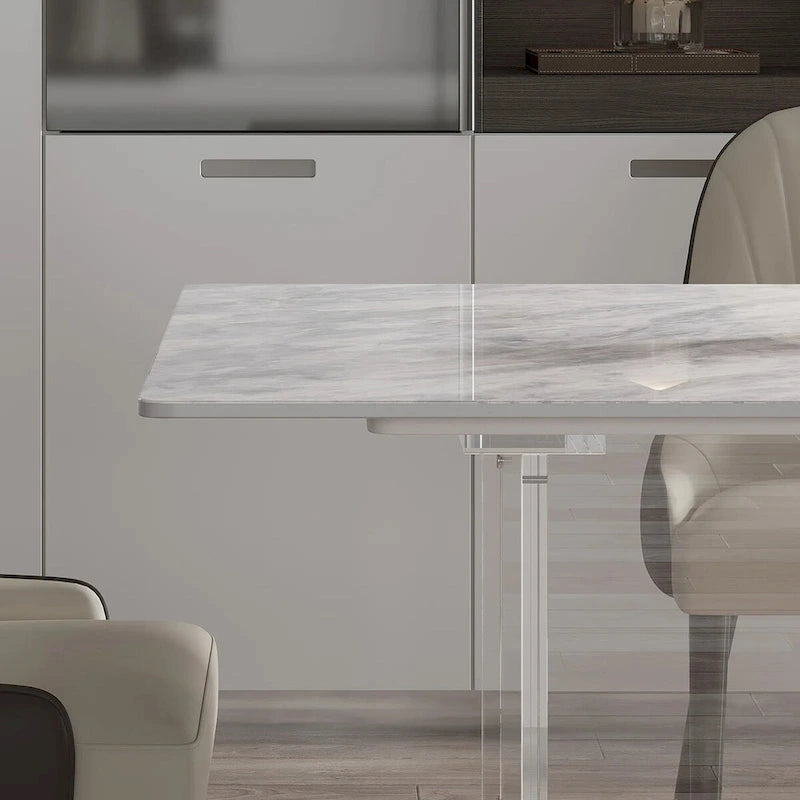 Table à manger rectangulaire moderne et luxueuse en pierre frittée de 1,8 m avec pied en acrylique