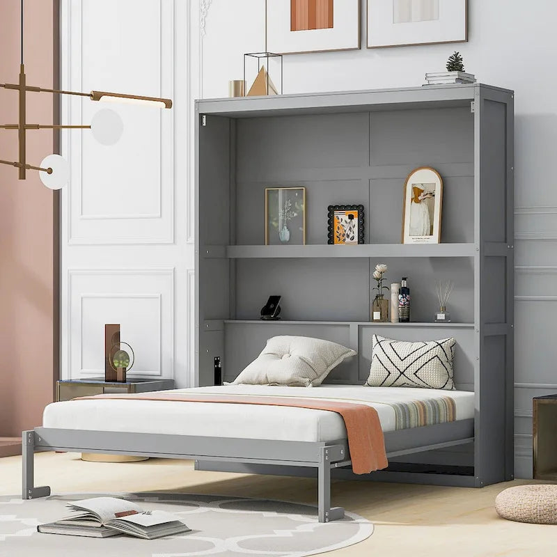 Étagères de rangement murales Queen Size Murphy, lit escamotable se repliant facilement dans une armoire en bois, avec support de matelas