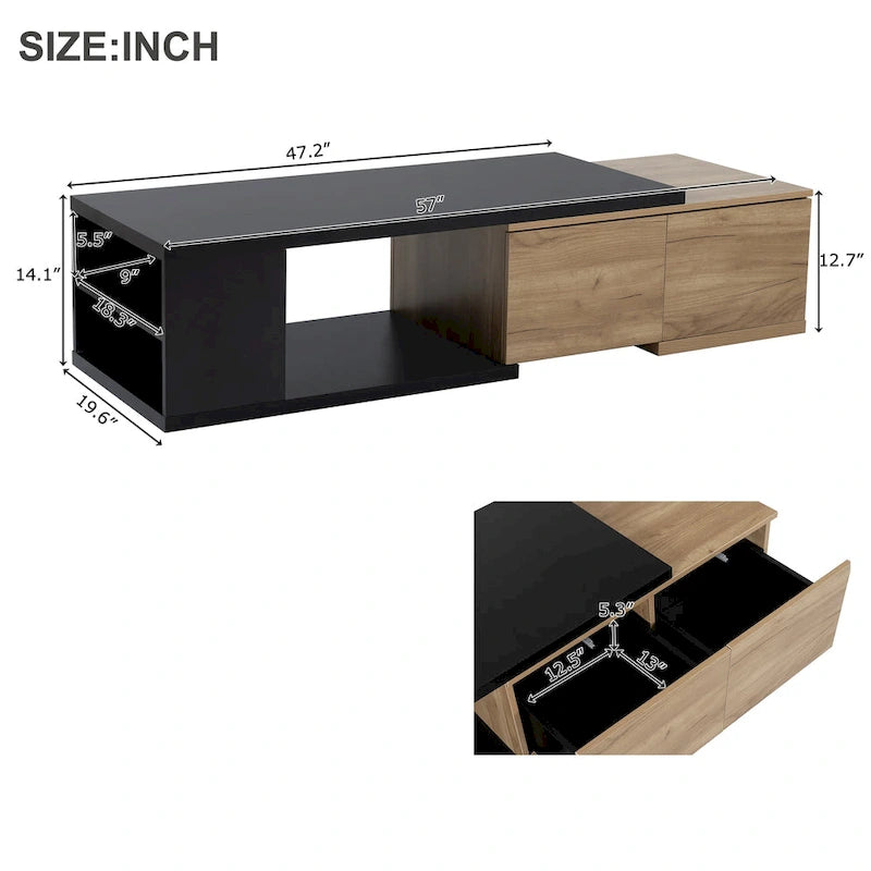 Table basse extensible avec 2 tiroirs de rangement