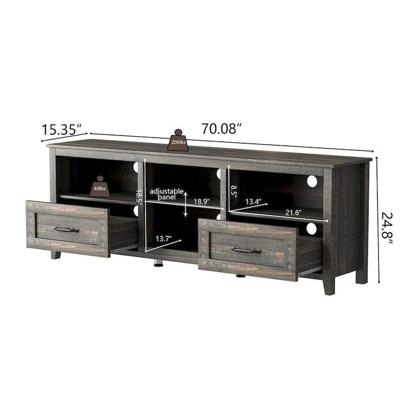 Meuble TV de 178 cm de long avec 2 tiroirs et 4 compartiments de rangement