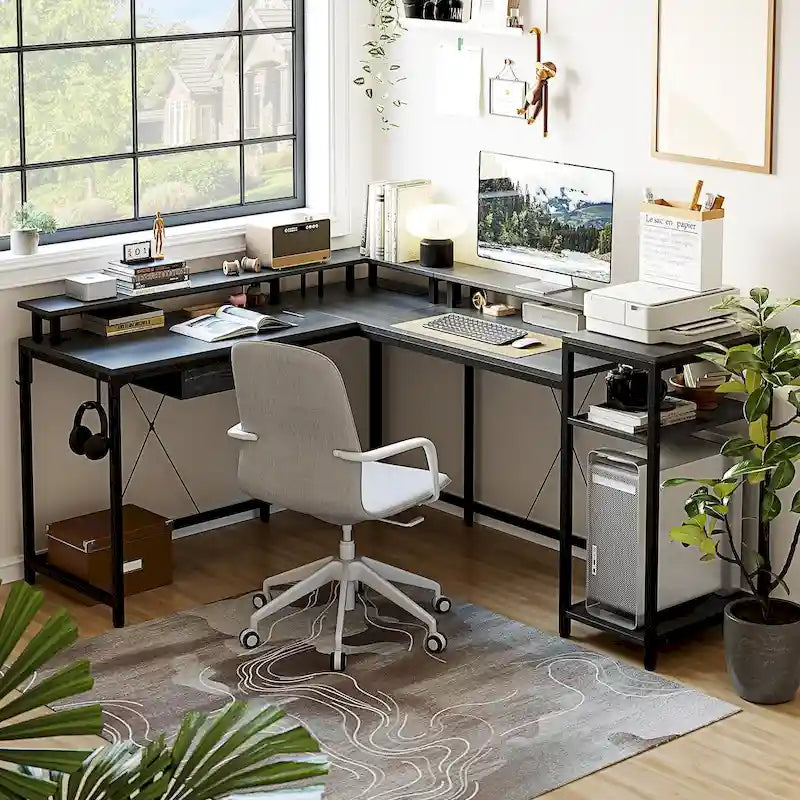 Bureau d'ordinateur de 172 cm avec tiroir de classement et prise de courant, lumières LED