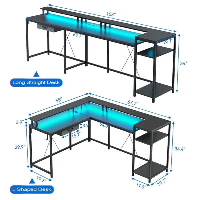 Bureau d'ordinateur de 172 cm avec tiroir de classement et prise de courant, lumières LED