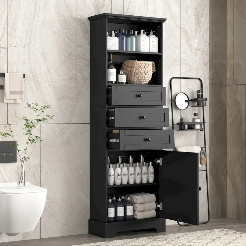 Meuble de rangement haut noir avec 3 tiroirs et étagères réglables pour salle de bain, bureau, étude et intérieur