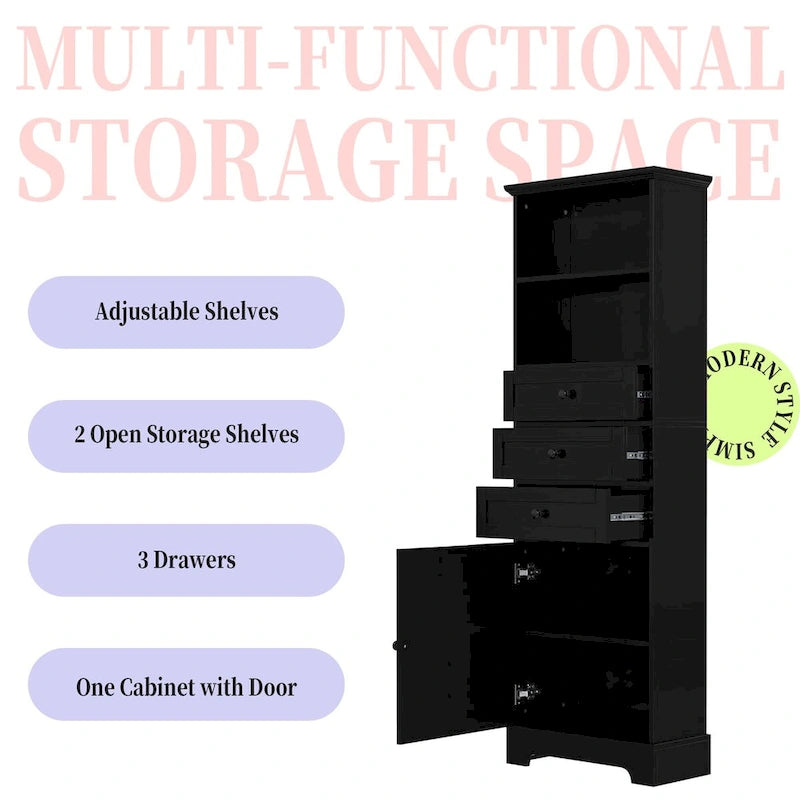 Meuble de rangement haut noir avec 3 tiroirs et étagères réglables pour salle de bain, bureau, étude et intérieur