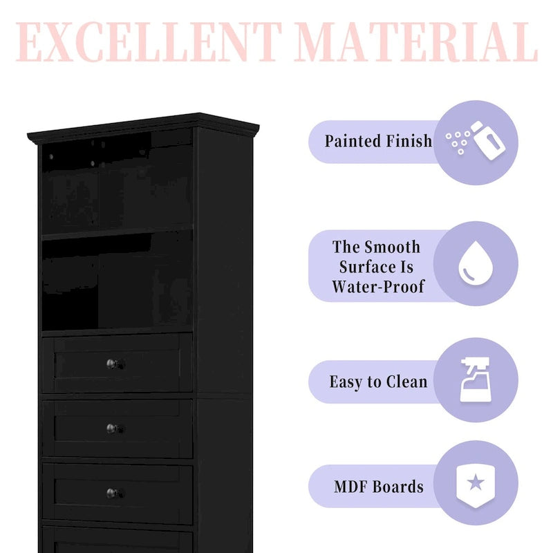 Meuble de rangement haut noir avec 3 tiroirs et étagères réglables pour salle de bain, bureau, étude et intérieur