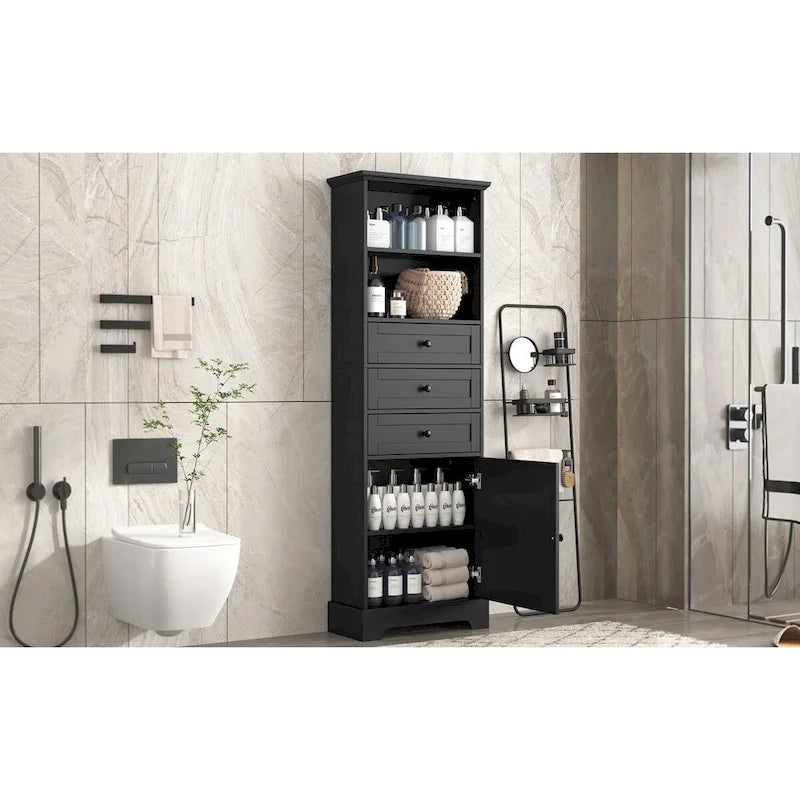 Meuble de rangement haut noir avec 3 tiroirs et étagères réglables pour salle de bain, bureau, étude et intérieur