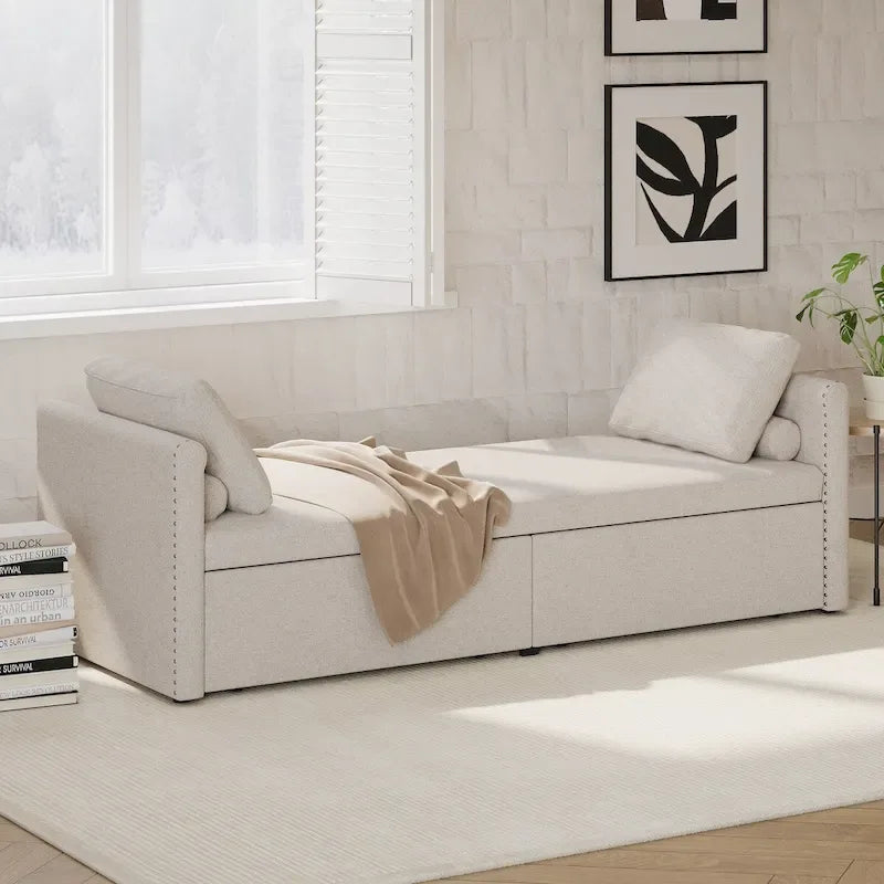 Bain de soleil moderne rembourré, lit de repos simple avec 2 tiroirs, matelas non inclus