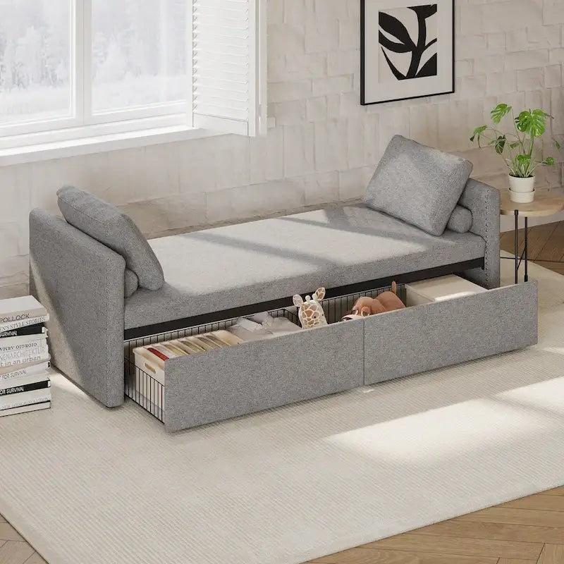 Bain de soleil moderne rembourré, lit de repos simple avec 2 tiroirs, matelas non inclus